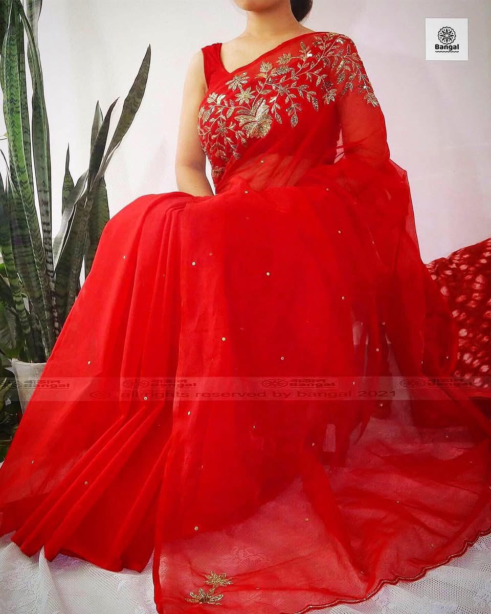 Red zardosi half silk Sharee